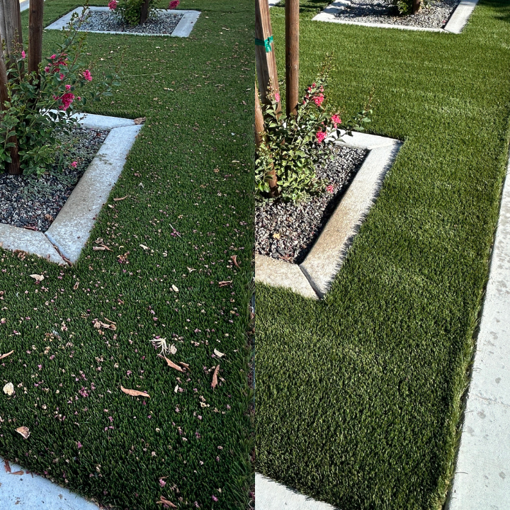 Artificial turf before and after cleaning by Breeze Turf in Hanford, CA, front walkway turf cleared of leaves and petals